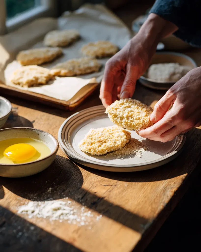 Pressing almond flour and parmesan coating onto a chicken cutlet