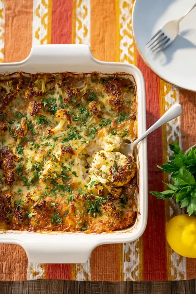 Keto tuna casserole with a golden crust and creamy cauliflower underneath
