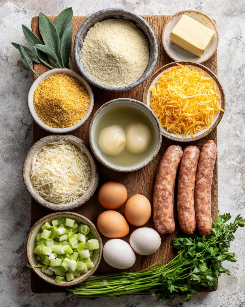 Almond flour, flaxseed meal, cheddar, eggs, celery, onion and fresh herbs on a marble counter ·