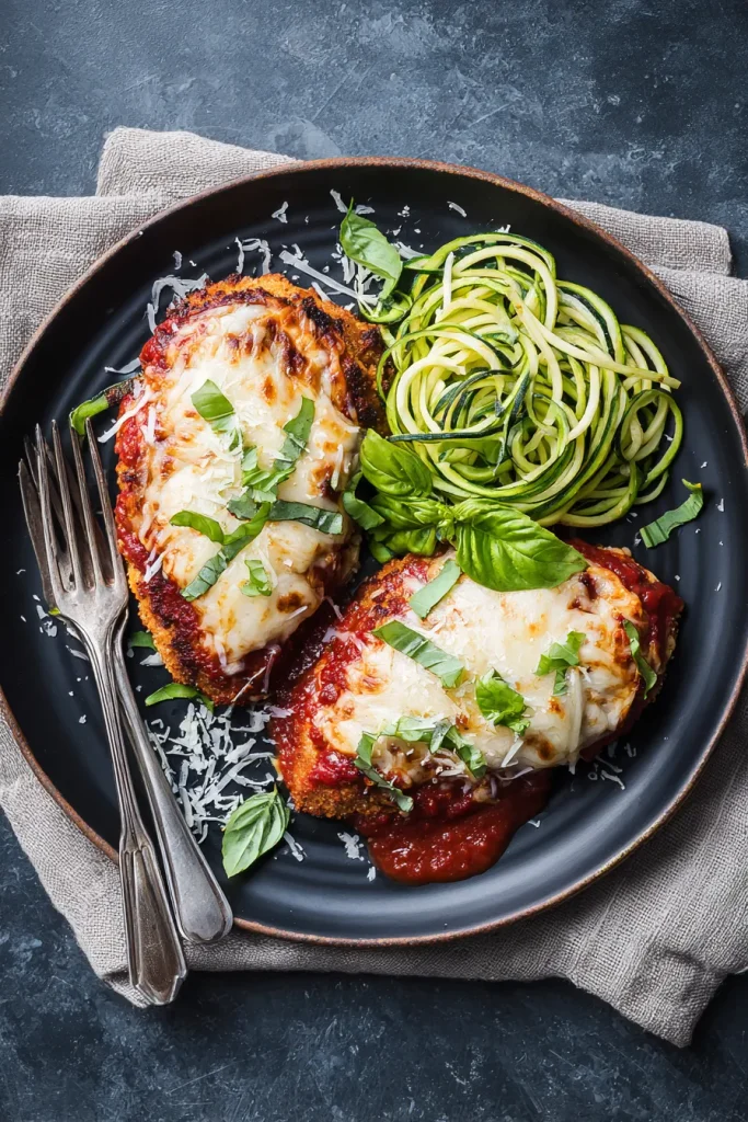 Overhead plate of low carb chicken parmesan with zucchini noodles