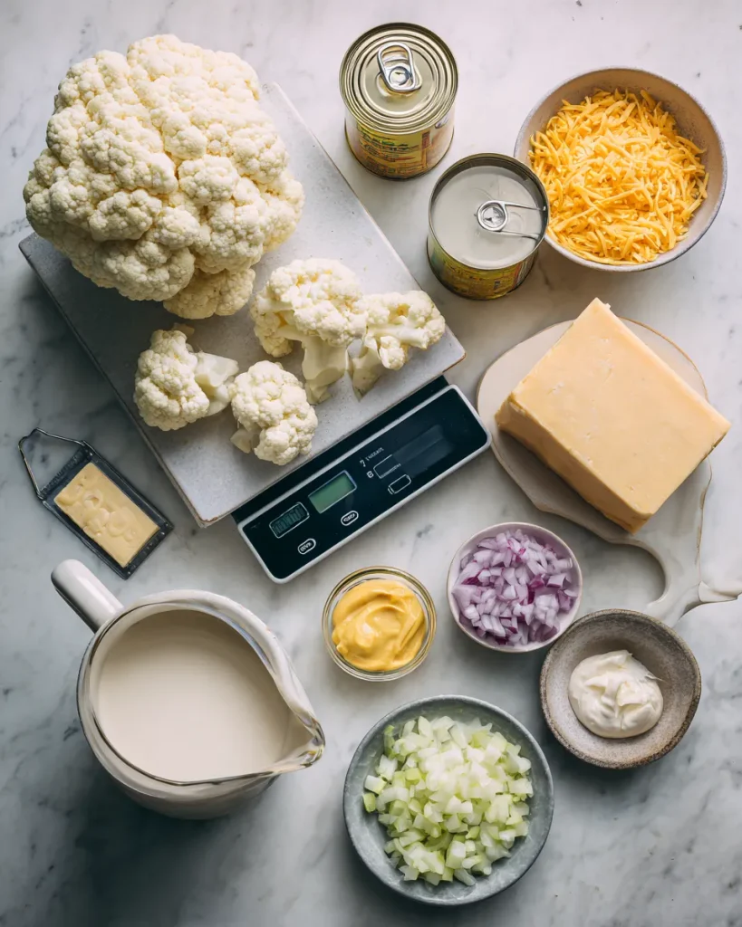 Cauliflower on a scale with tuna, cream cheese, cheddar and cream on a counter ·