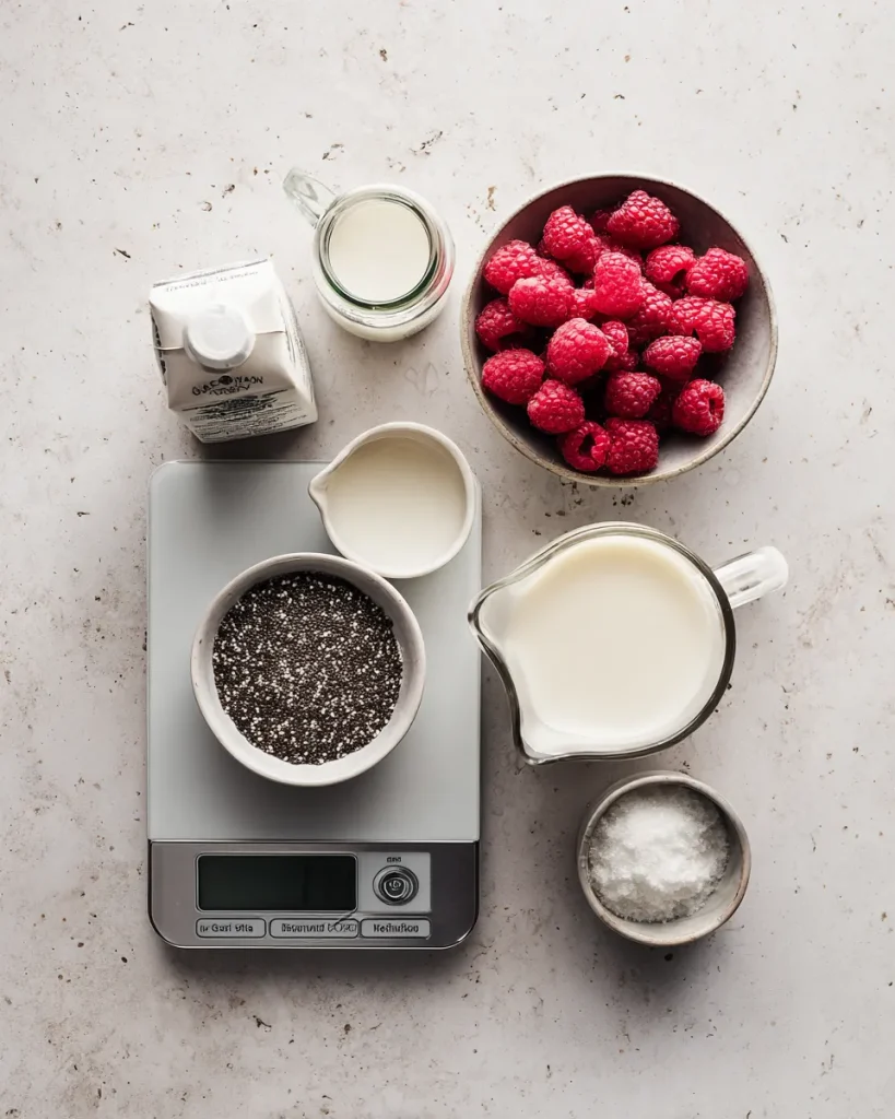 Chia seeds on a kitchen scale with almond milk, cream, sweetener and vanilla