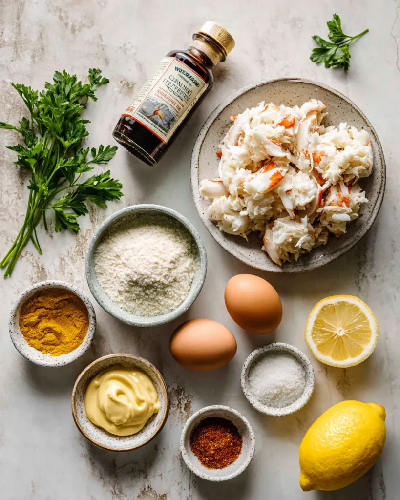 Lump crab meat, almond flour, mayonnaise, egg, lemon and seasonings on a counter · 
