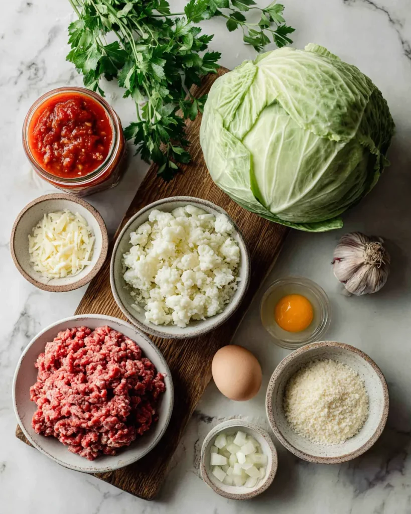 Cabbage, ground beef, cauliflower rice, almond flour and passata on a counter
