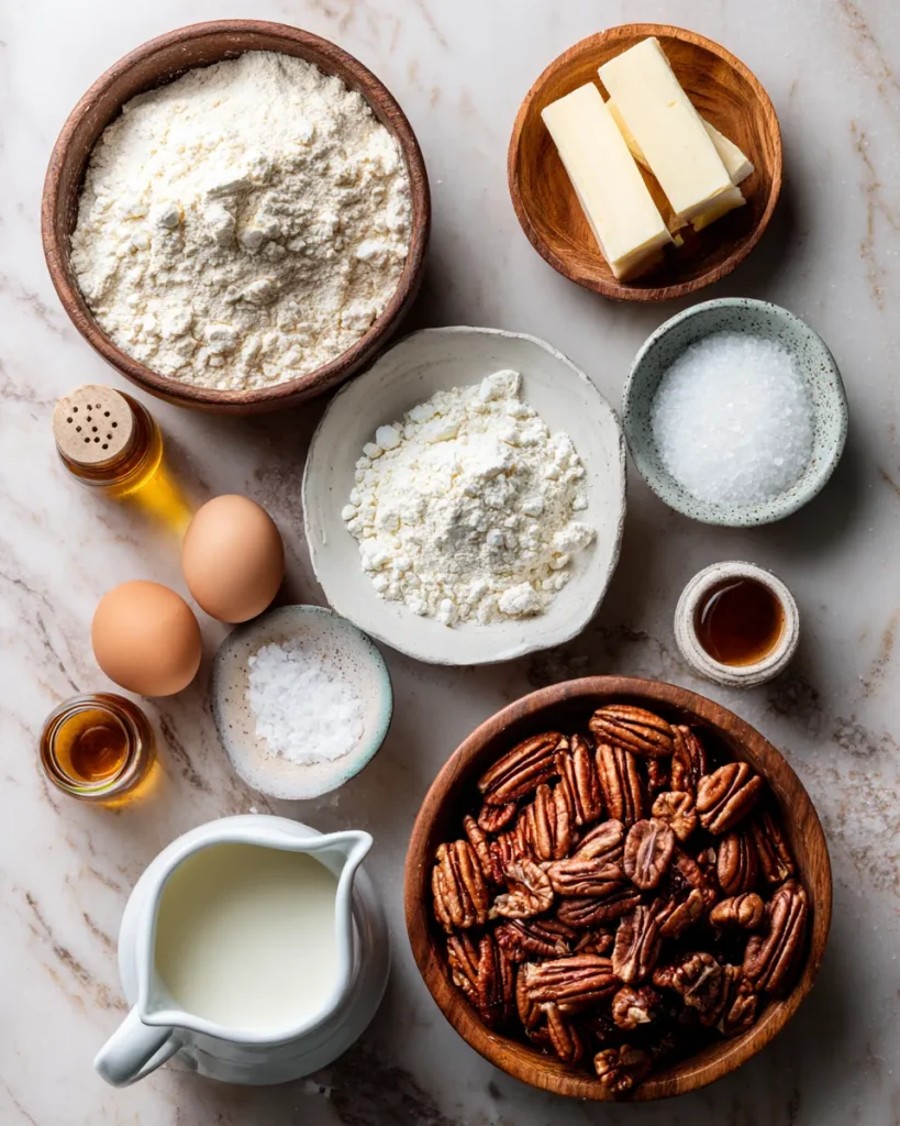 Almond flour, allulose, butter, cream, eggs and pecan halves on a marble counter 