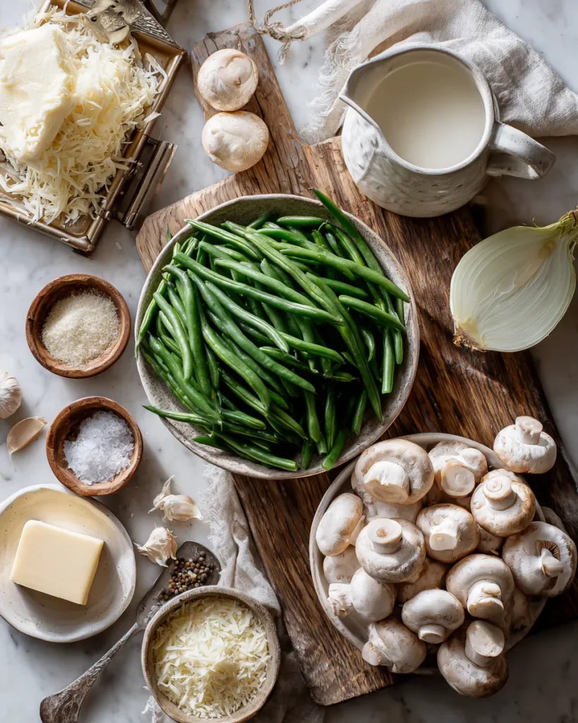 Green beans, mushrooms, thinly sliced onion, parmesan, cream and arrowroot on a marble counter