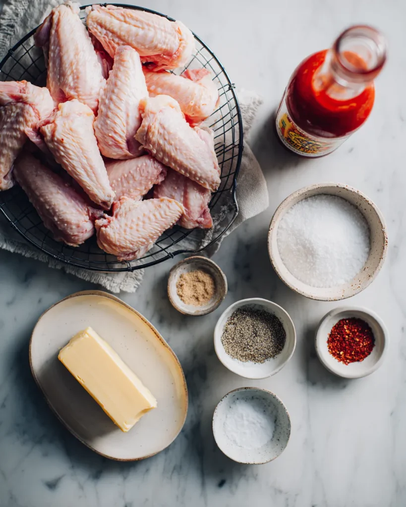 Raw chicken wings on a rack with salt, baking powder, hot sauce and butter