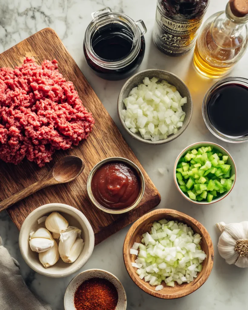 Ground beef, tomato paste, onion, pepper and seasonings laid out on a counter