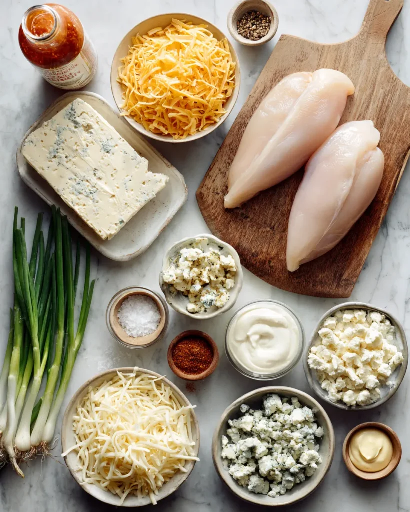 Chicken breasts, cream cheese, hot sauce, cheddar and spices laid out on a marble counter