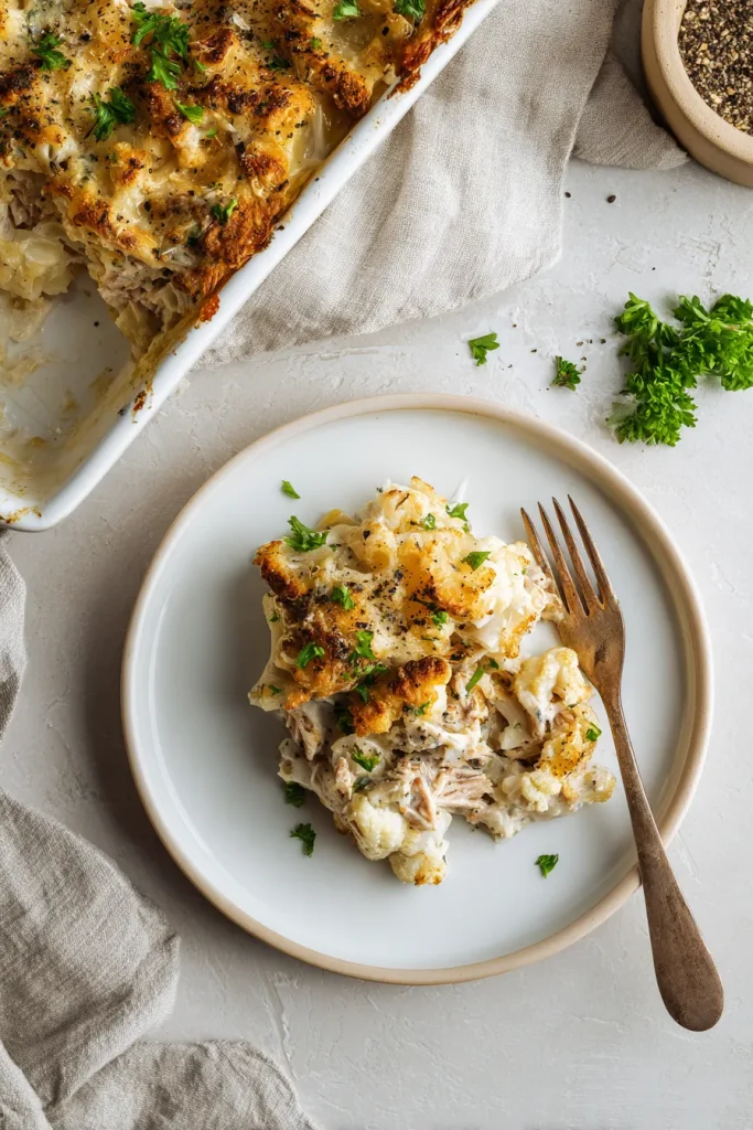 Overhead plate of low carb tuna casserole with tuna flakes and roasted cauliflower