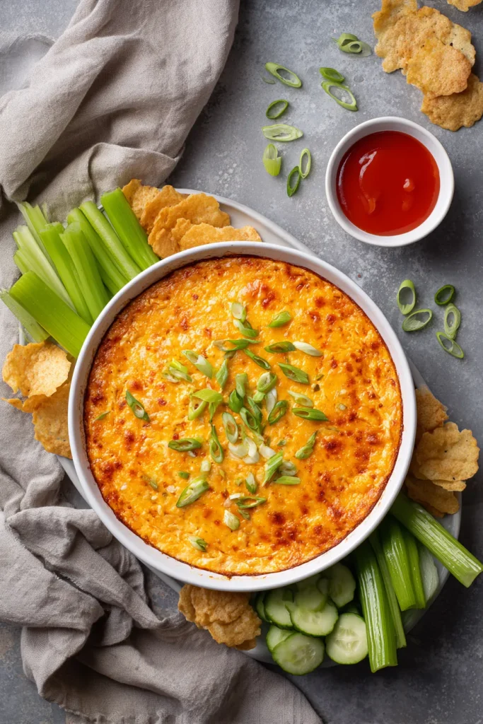 Overhead buffalo chicken dip surrounded by celery, cucumber, peppers and parmesan crisps