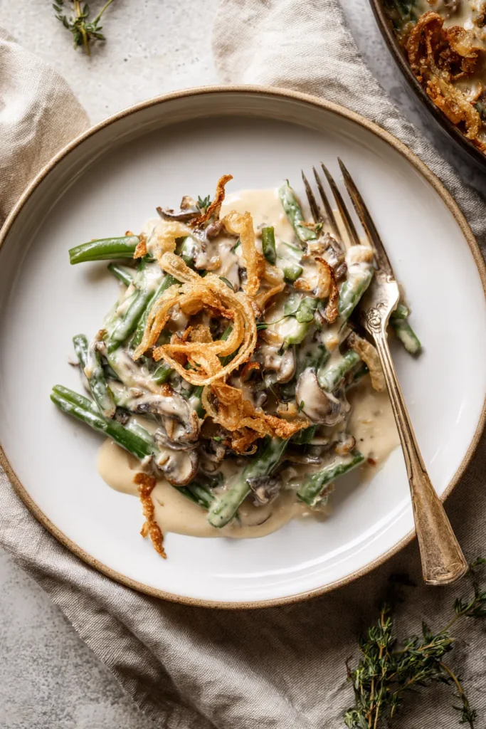 Overhead plate of low carb green bean casserole with crispy onions and mushroom sauce