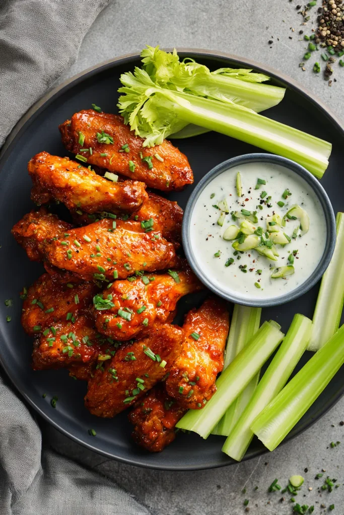 Overhead platter of low carb buffalo wings with celery sticks and ranch