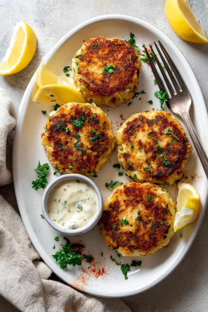 Overhead platter of low carb crab cakes with lemon and tartar sauce