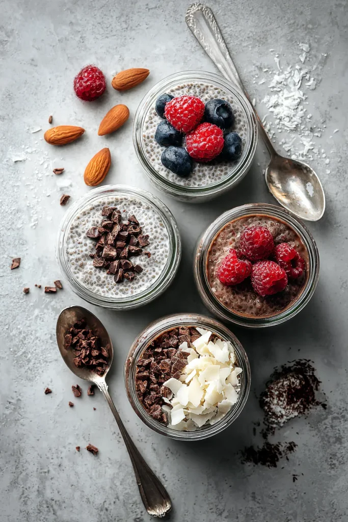 Four shallow containers of low carb chia pudding with different toppings