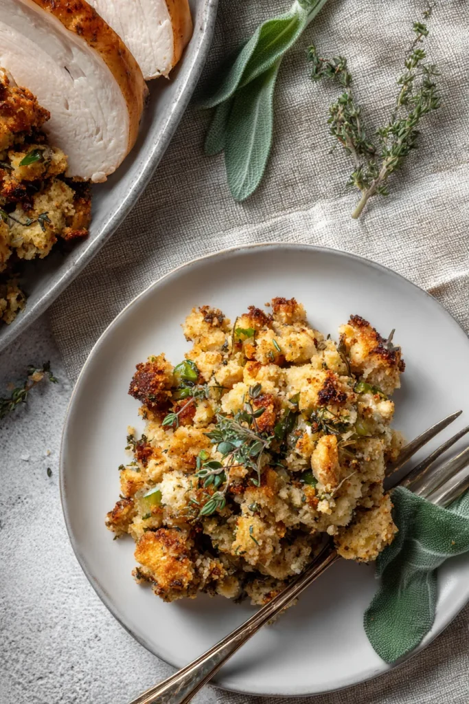 Overhead plate of low carb stuffing served next to sliced roast turkey