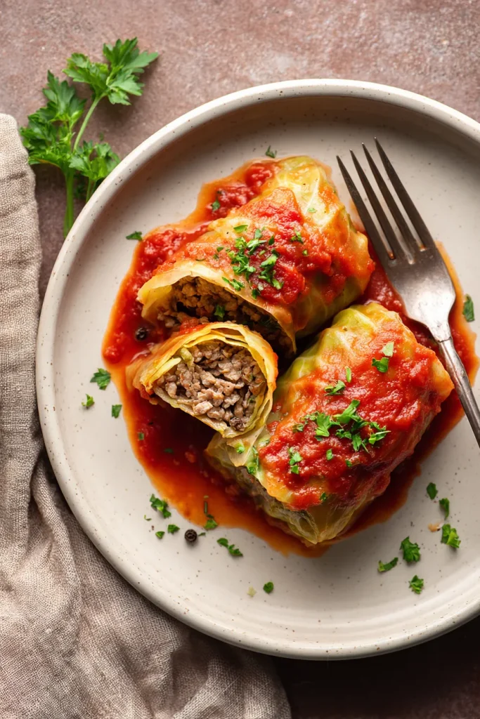 Overhead plate of two low carb cabbage rolls with one sliced open