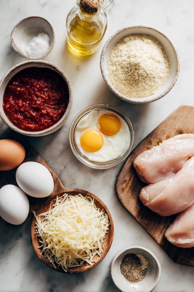 Chicken breasts, almond flour, parmesan and marinara for keto chicken parmesan