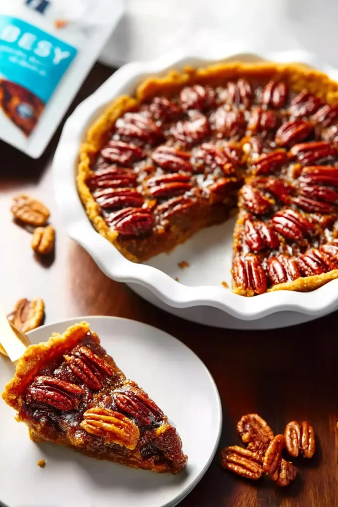 Overhead slice of sugar free pecan pie on a plate with whipped cream