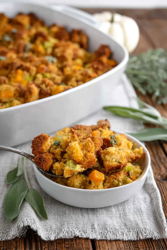 Serving spoon lifting a portion of keto stuffing with steam rising