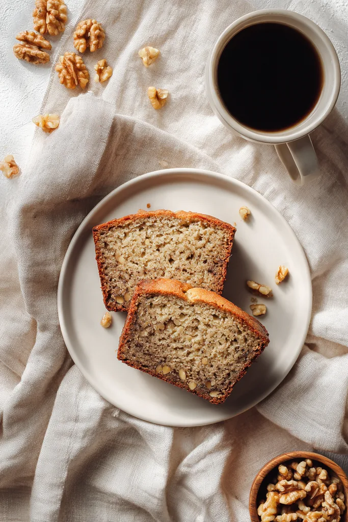Close-up of a moist slice of keto banana bread with walnuts