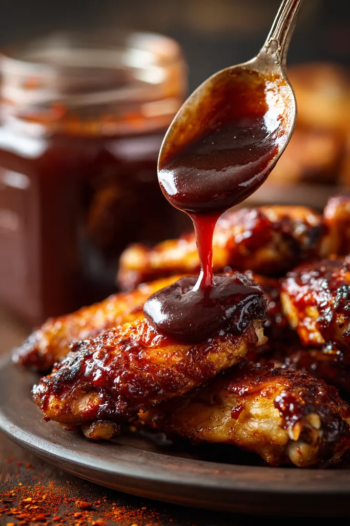 Keto bbq sauce being brushed onto crispy chicken wings with a basting brush