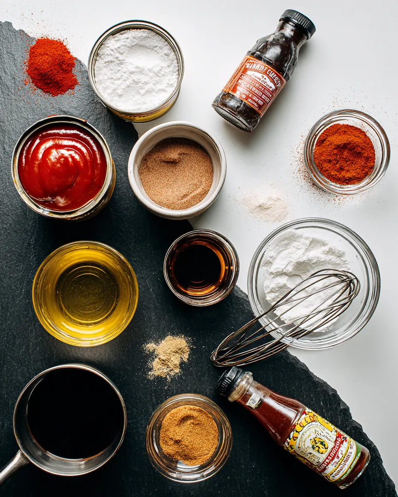 Tomato paste, cider vinegar, liquid smoke and spices laid out for keto bbq sauce