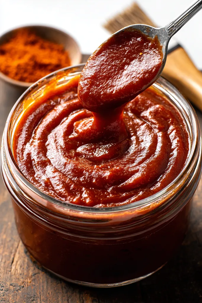 Jar of keto bbq sauce with a spoon lifting a thick glossy ribbon of sauce