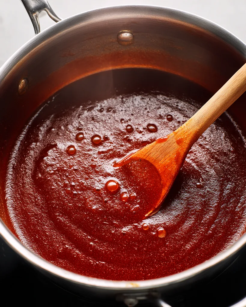Keto bbq sauce simmering and thickening in a saucepan with a wooden spoon