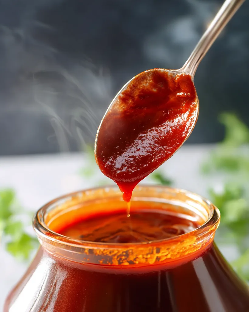 Back of a spoon coated in thick keto bbq sauce with a clean stripe drawn through it