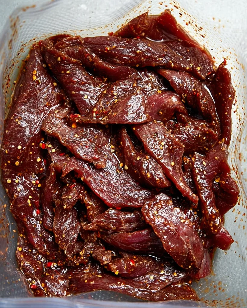 Beef strips marinating flat in a sealed zip-top bag with pepper flecked marinade