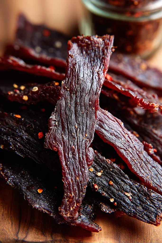 Pile of keto beef jerky strips with one bent to show the stress cracks
