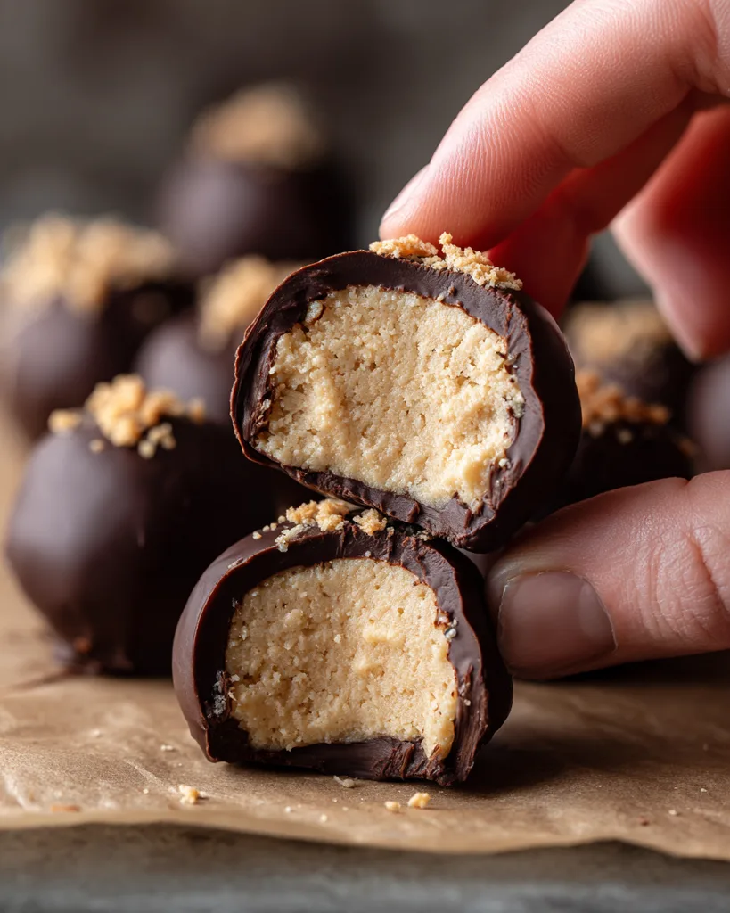Sugar free peanut butter ball broken open showing the firm filling and thin chocolate shell