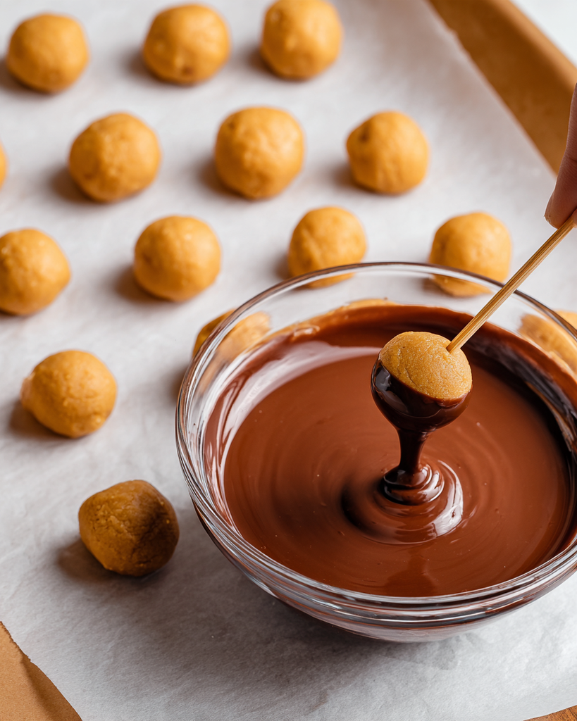 Peanut butter ball on a toothpick being dipped three quarters into melted chocolate
