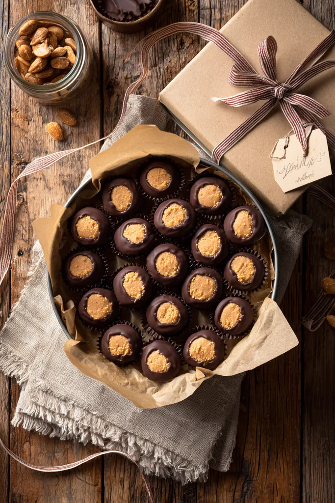 Keto buckeyes packed in a parchment lined gift tin with ribbon and a tag