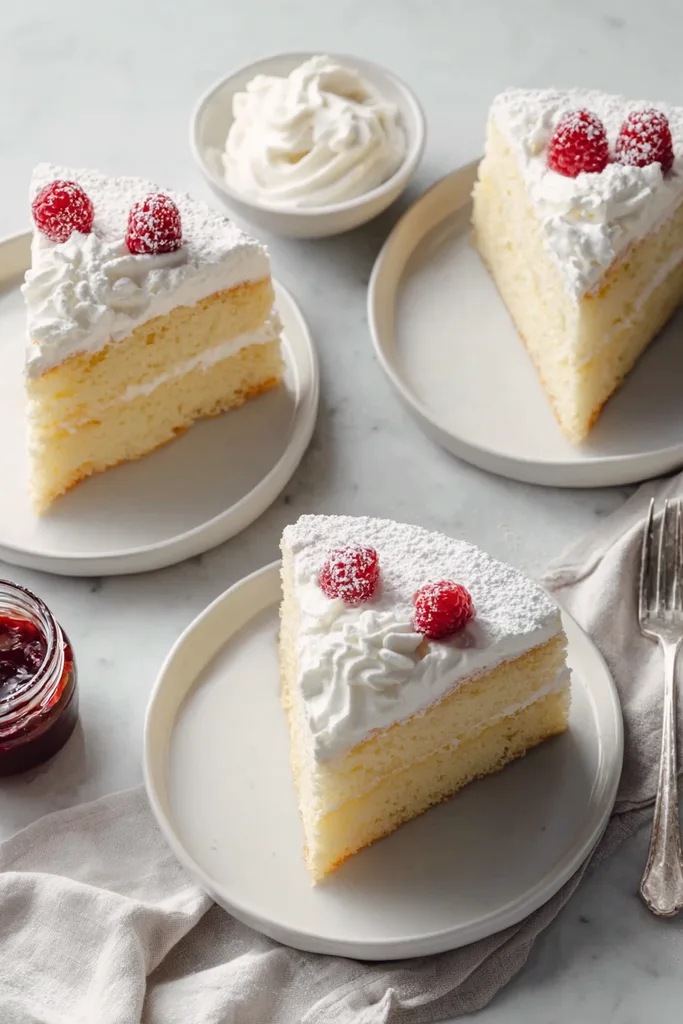 Overhead slices of sugar free cloud cake with raspberries and whipped cream