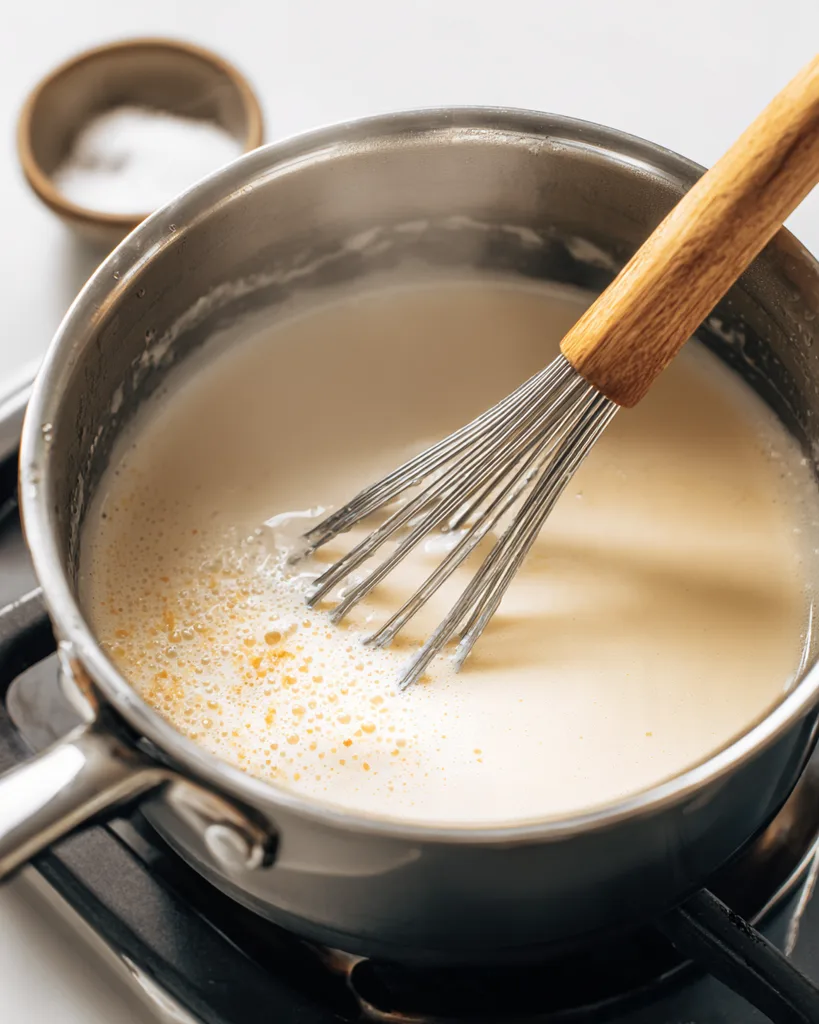 Sweetener being dissolved into warm almond milk in a saucepan until clear