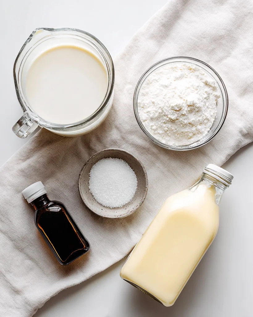 Heavy cream, almond milk, allulose and vanilla laid out for keto coffee creamer