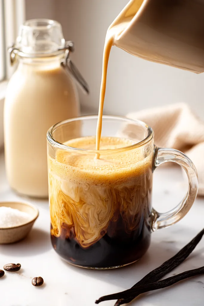 Keto coffee creamer being poured from a glass bottle into a dark mug of coffee