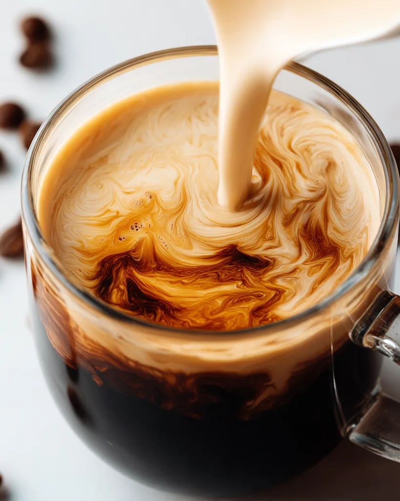 Low carb coffee creamer blooming into black coffee in pale marbled swirls