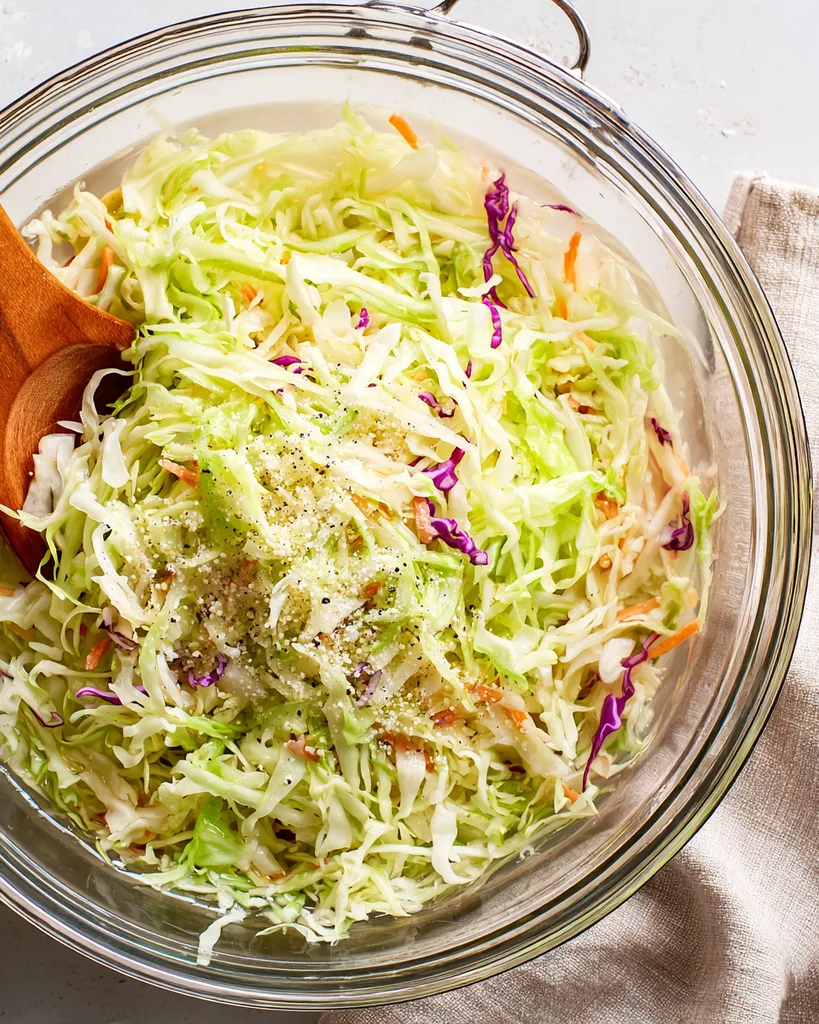 Shredded cabbage salted in a colander with water drawn out and collected below