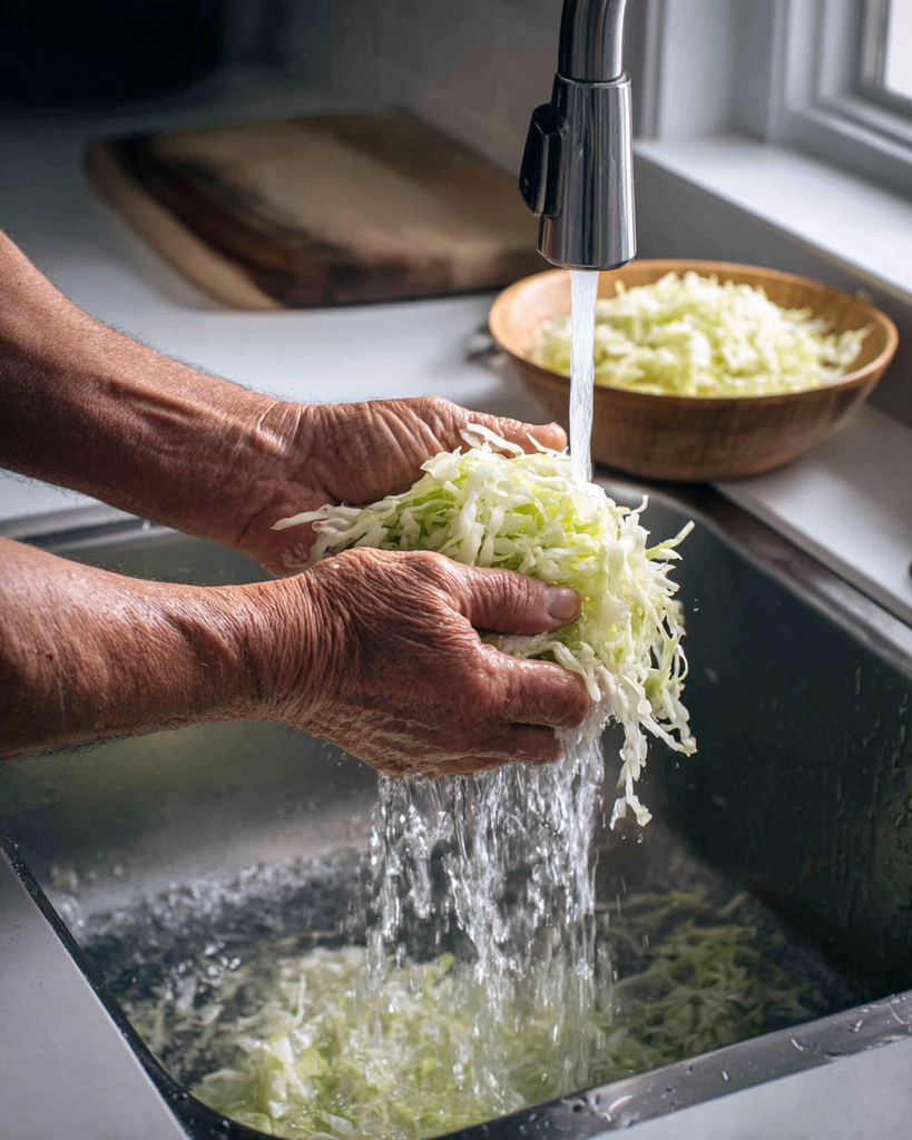 Hands wringing shredded cabbage to squeeze the water out