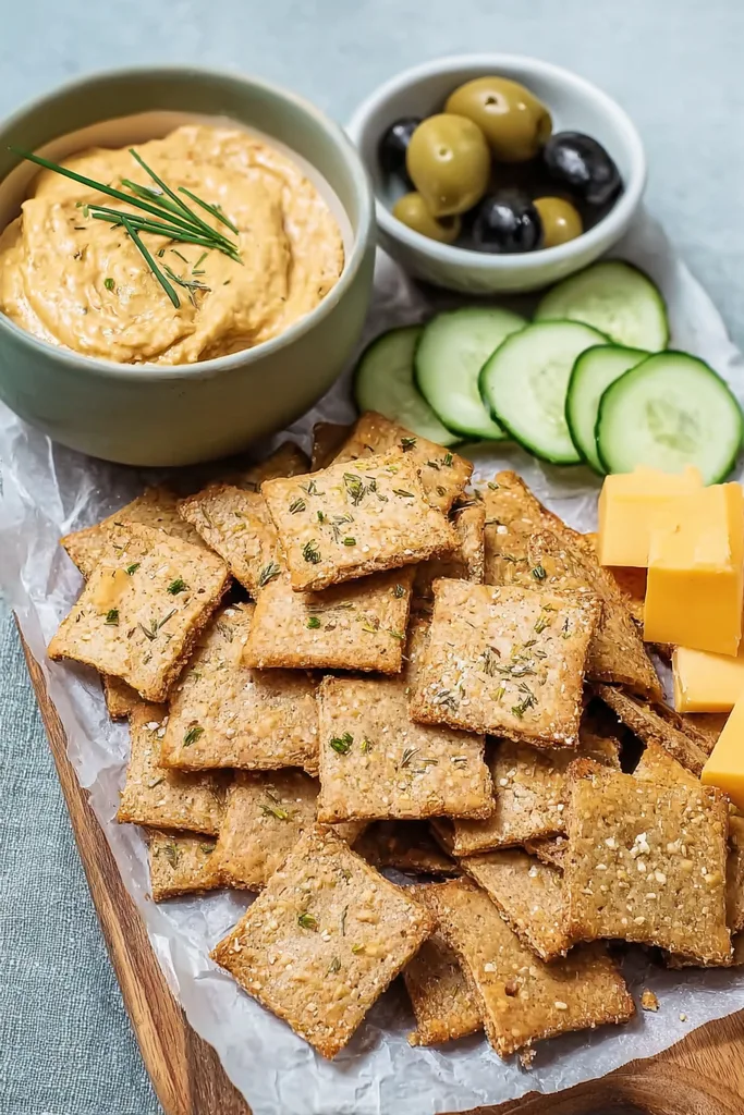 Overhead snack board with low carb almond flour crackers, dip, cheese and vegetables