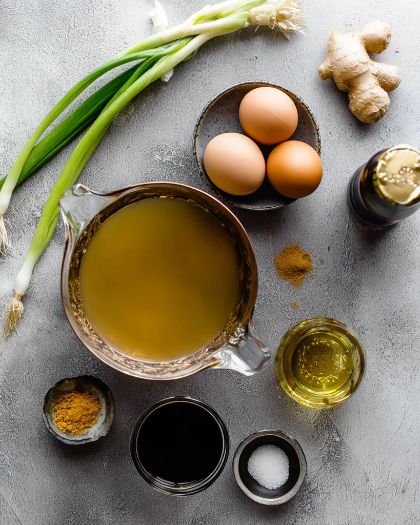 Chicken broth, beaten eggs, ginger, sesame oil, turmeric and xanthan gum laid out