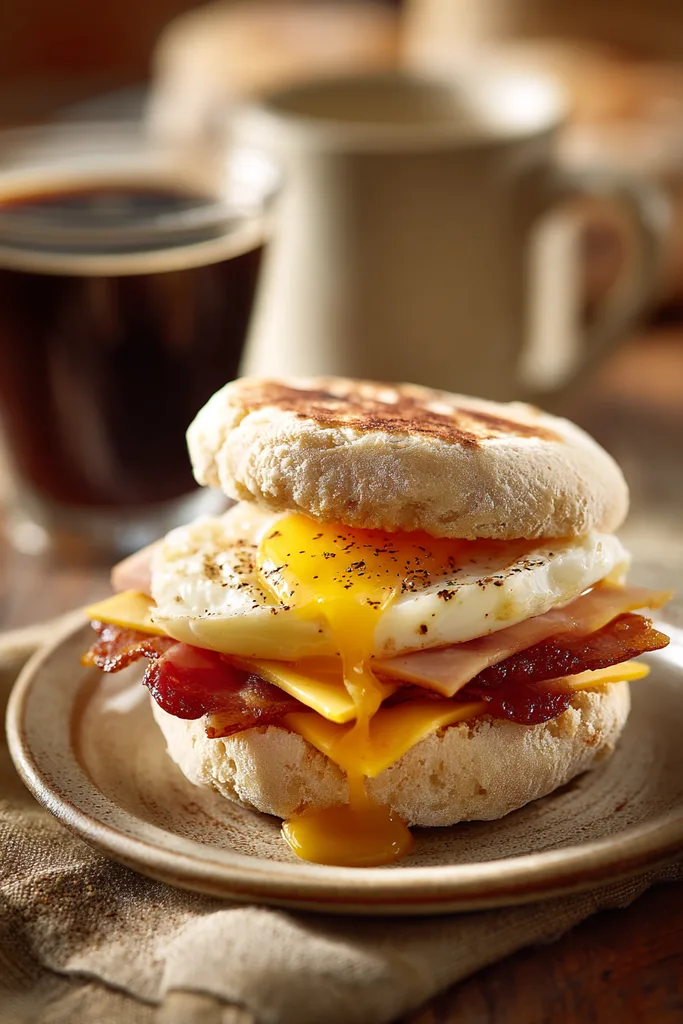 Toasted keto english muffins built into a breakfast sandwich with egg and cheese