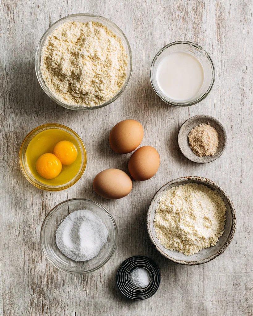Almond flour, psyllium husk, eggs, butter and metal rings laid out on linen