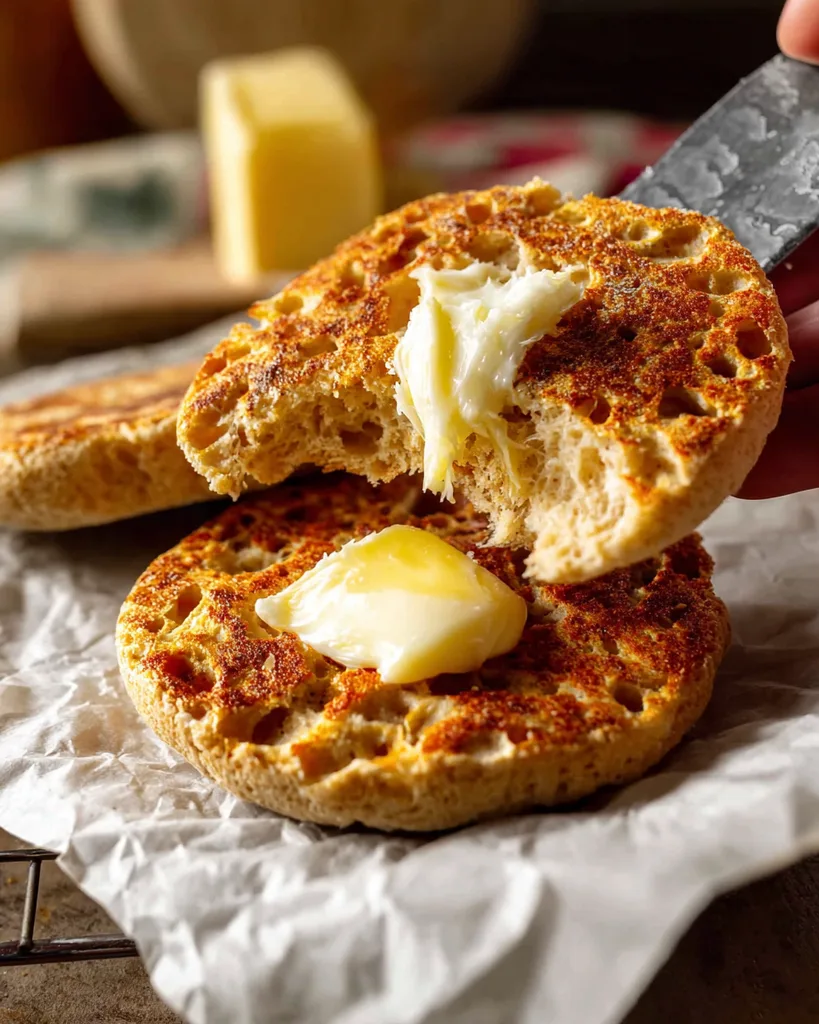 Torn low carb english muffin showing craggy nooks and crannies with melting butter