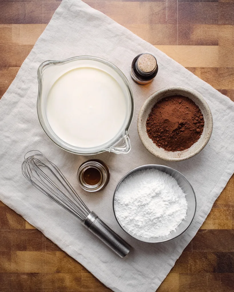 Heavy cream, cocoa powder, powdered sweetener, vanilla and salt laid out on linen