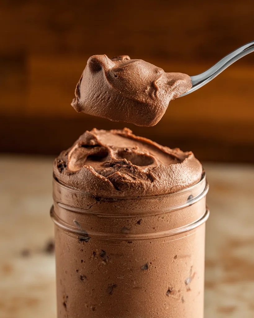 Spoonful of thick low carb chocolate frosty holding a soft peak