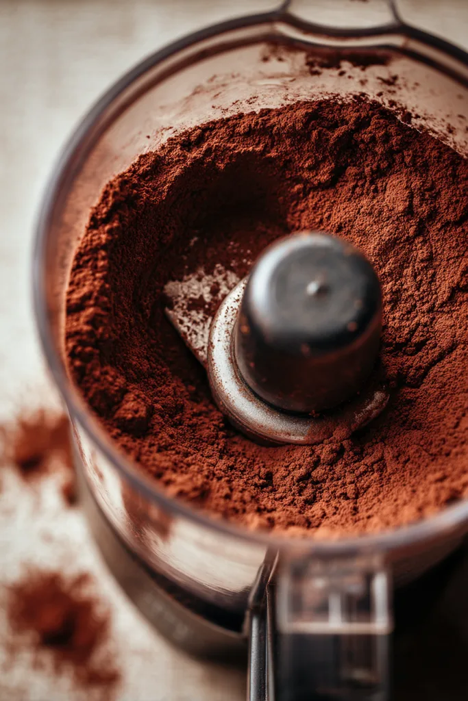 Finely ground sugar free hot chocolate mix in a food processor jug